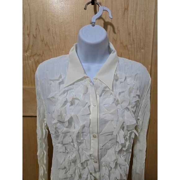 Du Jour Trend Right Now Womens White Ruffle Button-Down Blouse L Polyester - Picture 3 of 7
